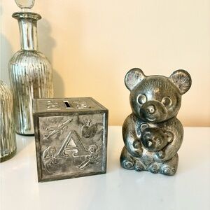 Vintage silver piggy bank- baby gift/ home decor
